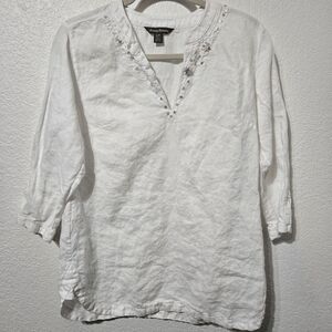 Tommy Bahama Women’s 100% Linen Tunic 3/4 Sleeve V-neck Shirt Size Small White